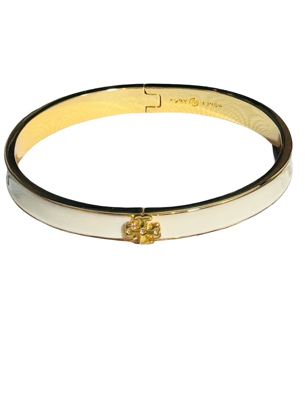 Tory Burch Cream & Gold Enamel Logo Hinge Bangle Bracelet NWT